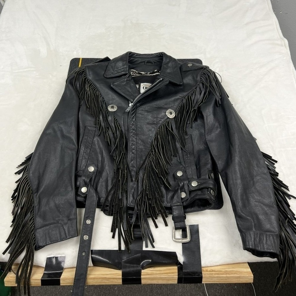 Open Road Leather Motorcycle Jacket womans XS Black Fringe Western Biker Moto